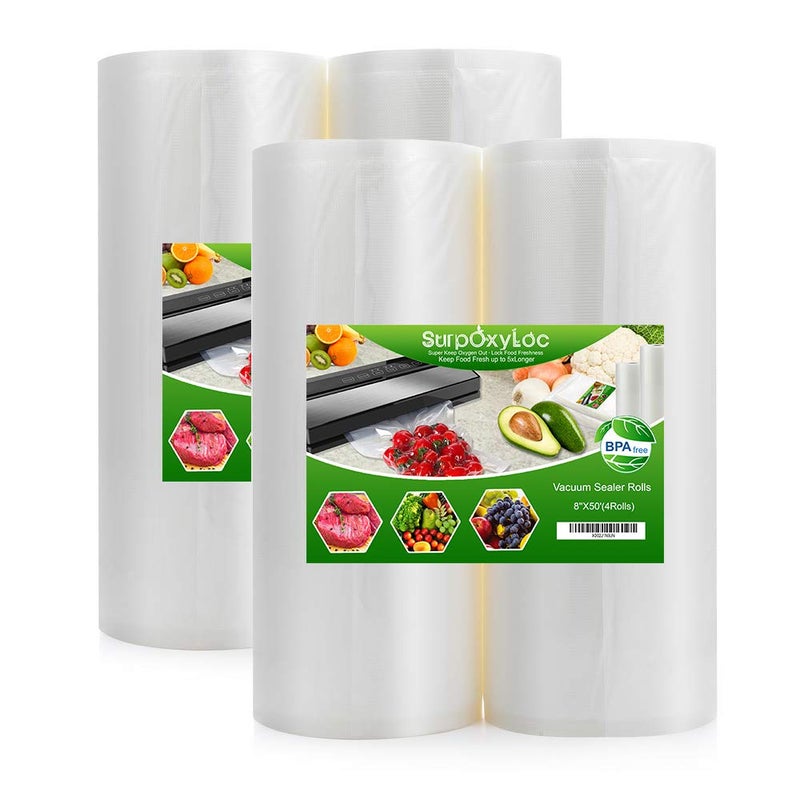SurpOxyLoc سورب أوكسي لوك (إجمالي 200 قدم) 4 عبوات 8x50 أكياس فراغ رول مع خالية من BPA ومنع الثقب، أكياس سيل لوجبة تعمل مع أي نوع من آلات السيل، رائعة لطهي السوس فيد - Image 1